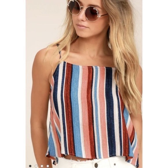 Lulus Beyond The Sea Peach Multicolor Striped Open Back Crop Top Small - Picture 2 of 6